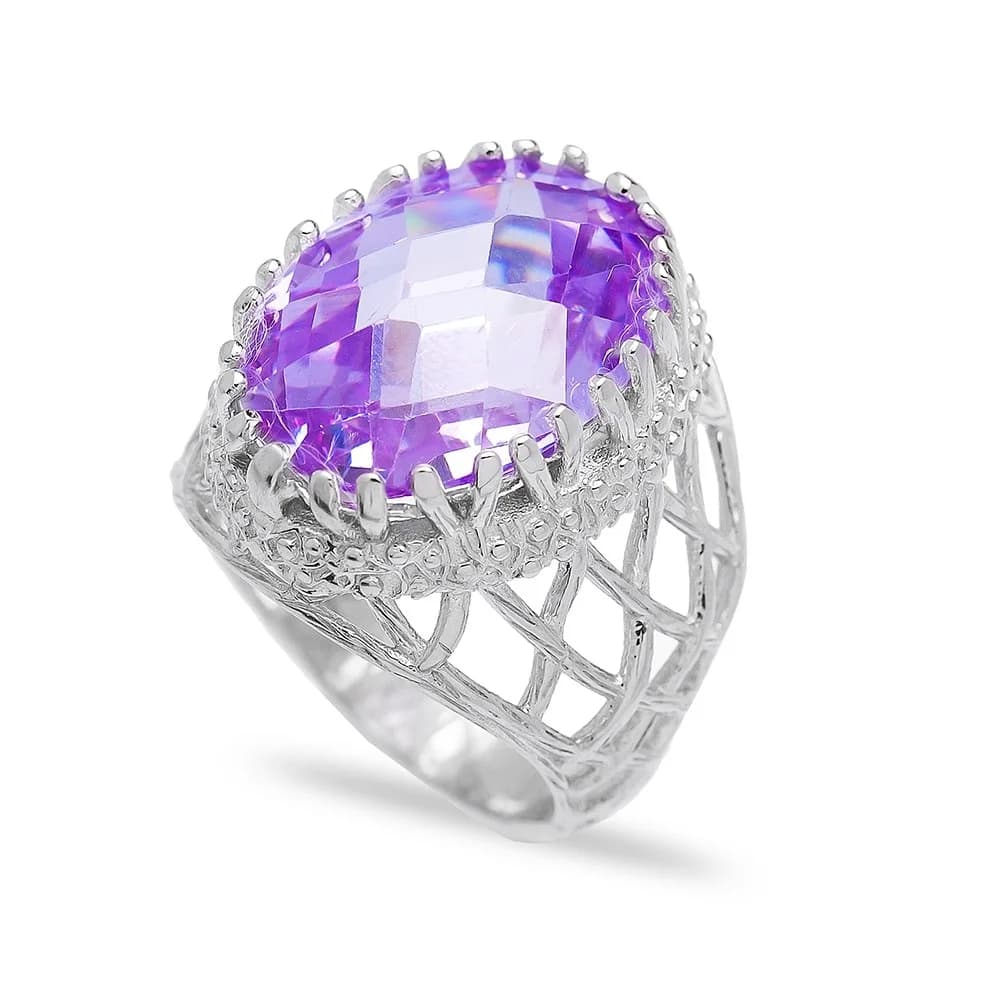 Wholesale Handmade 925 Sterling Silver Amethyst CZ Stone Cluster Ring