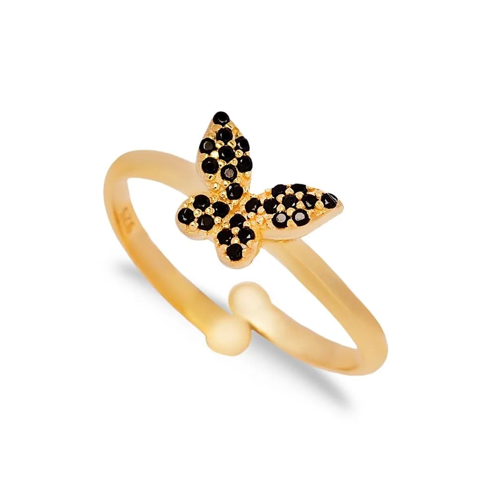 Butterfly Design Black Zircon Stone Adjustable Ring Turkish Handmade Wholesale 925 Sterling Silver Jewelry
