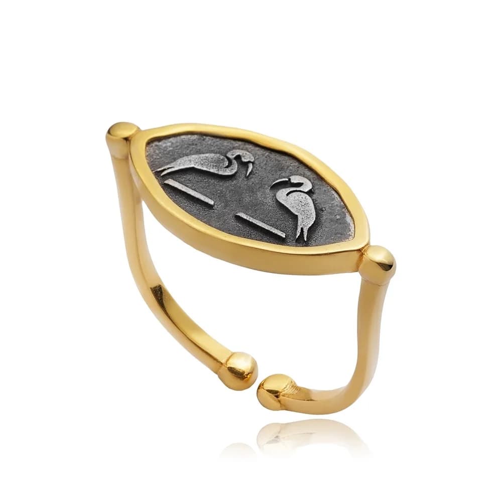 Ancient Twin Herons Silver Symbol Ring