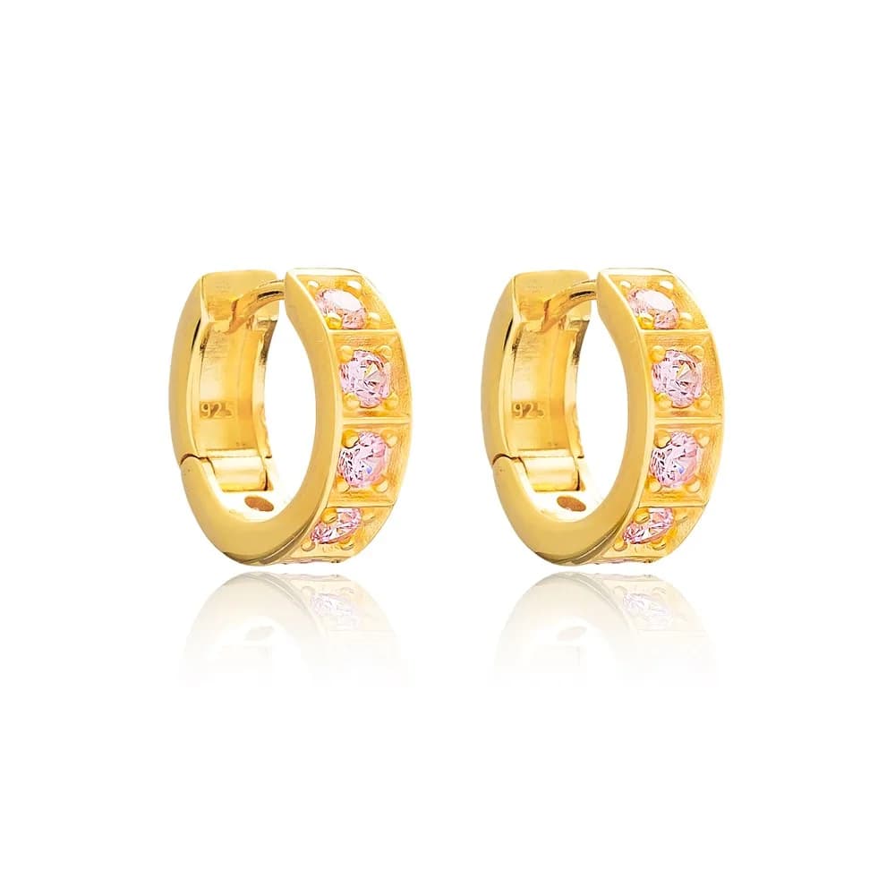 Pink Zircon Minimalist Hoop Earring Turkish Wholesale Handmade 925 Sterling Silver Jewelry