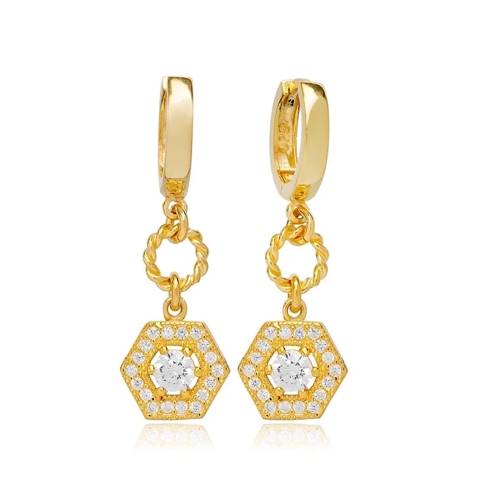 Theia Elegant Hexagon Shape White Zircon Dangle Earrings Turkish Wholesale 925 Sterling Silver Jewelry