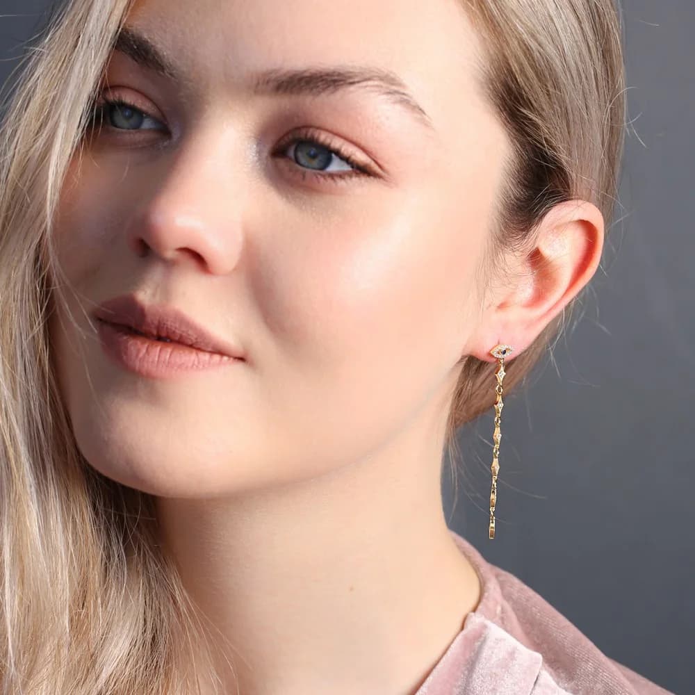 Turkish Eye Design Dainty Charm Long Earrings Wholesale Sterling Silver Handcrafted Jewelry