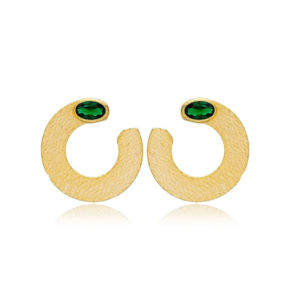 Stylish Half Circle Shape Emerald Stone Stud Earrings Turkish 925 Sterling Silver Textured Jewelry