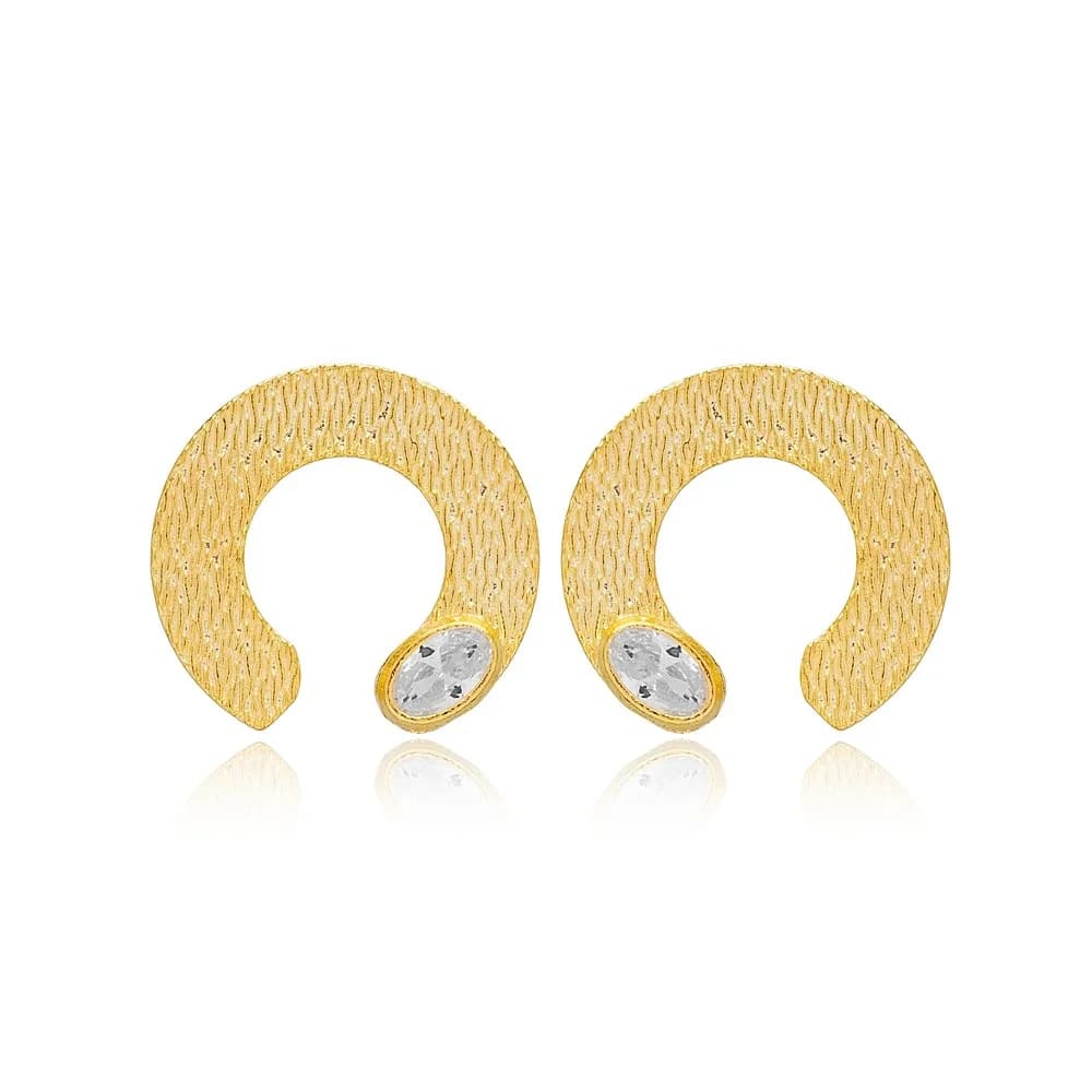 New Trend Half Circle Shape Design White Zircon Stone Stud Earrings 925 Sterling Silver Textured Jewelry