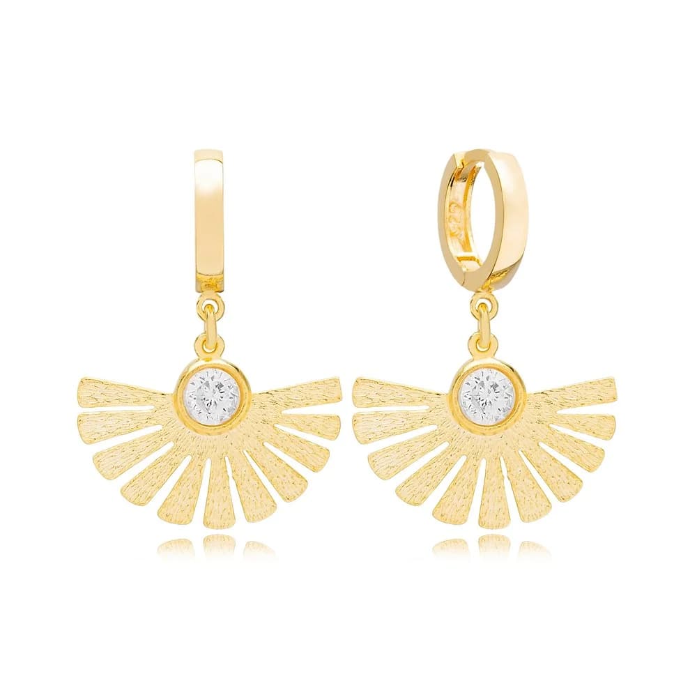 Fan Shaped Elegant Dangle Earrings Clear Zircon Stone Turkish Handmade 925 Sterling Silver Jewelry