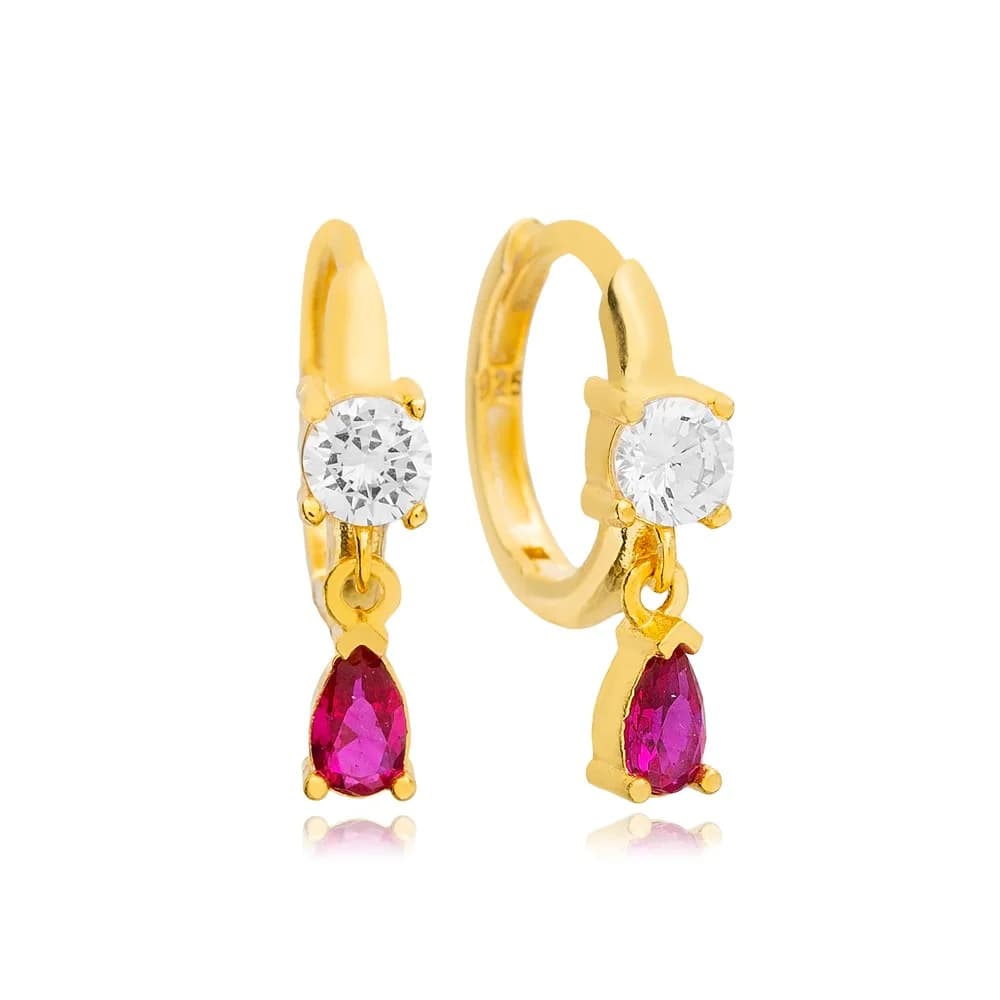 Dainty Drop Pear Shape Ruby Zircon Stone Elegant Hoop Earrings Turkish Women 925 Sterling Silver Jewelry