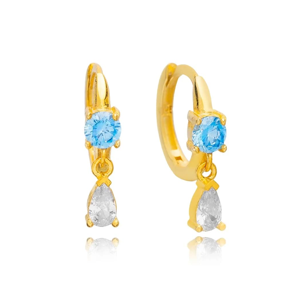 Aquamarine Zircon Stone Pear Hoop Earrings 925 Sterling Silver Handmade Women Jewelry