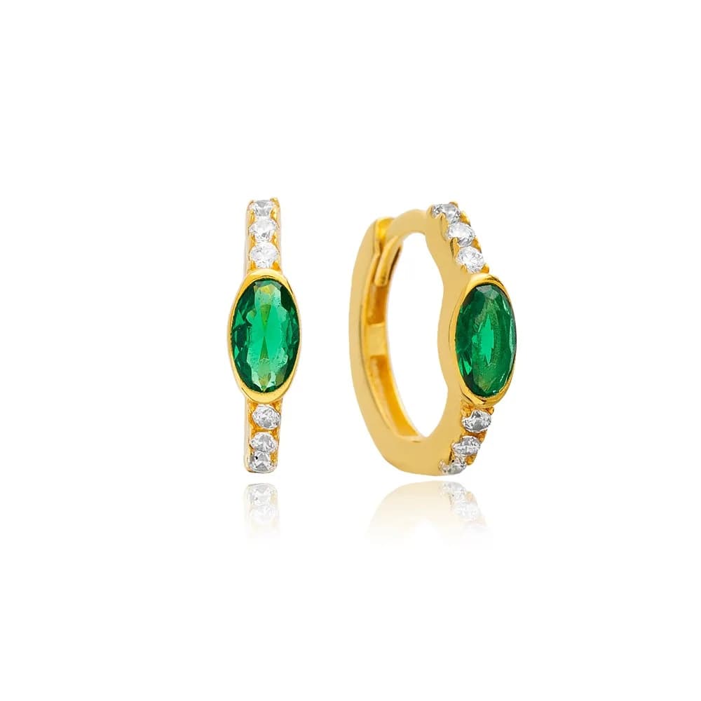 Emerald CZ Stone Oval Silver Hoop Earrings