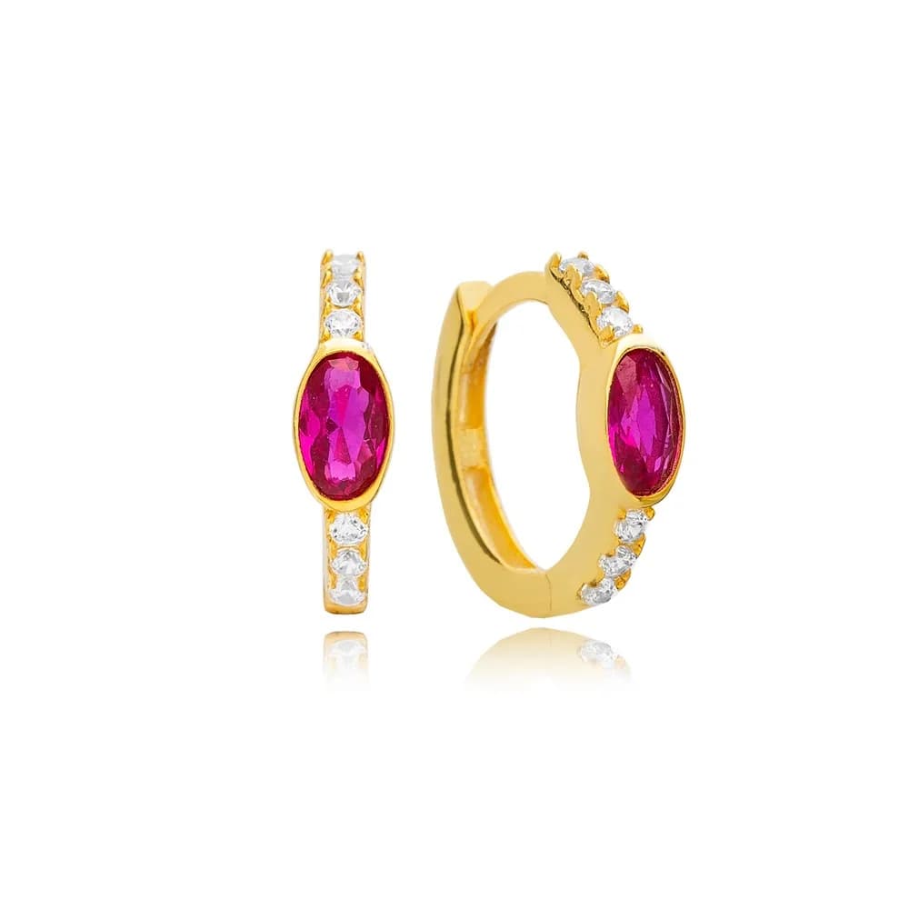 Ruby CZ Stone Oval Silver Hoop Earrings