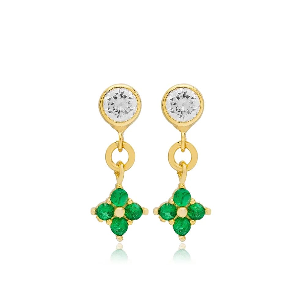 Tiny Emerald Zircon Flower Design Stud Earrings Wholesale 925 Sterling Silver Jewelry