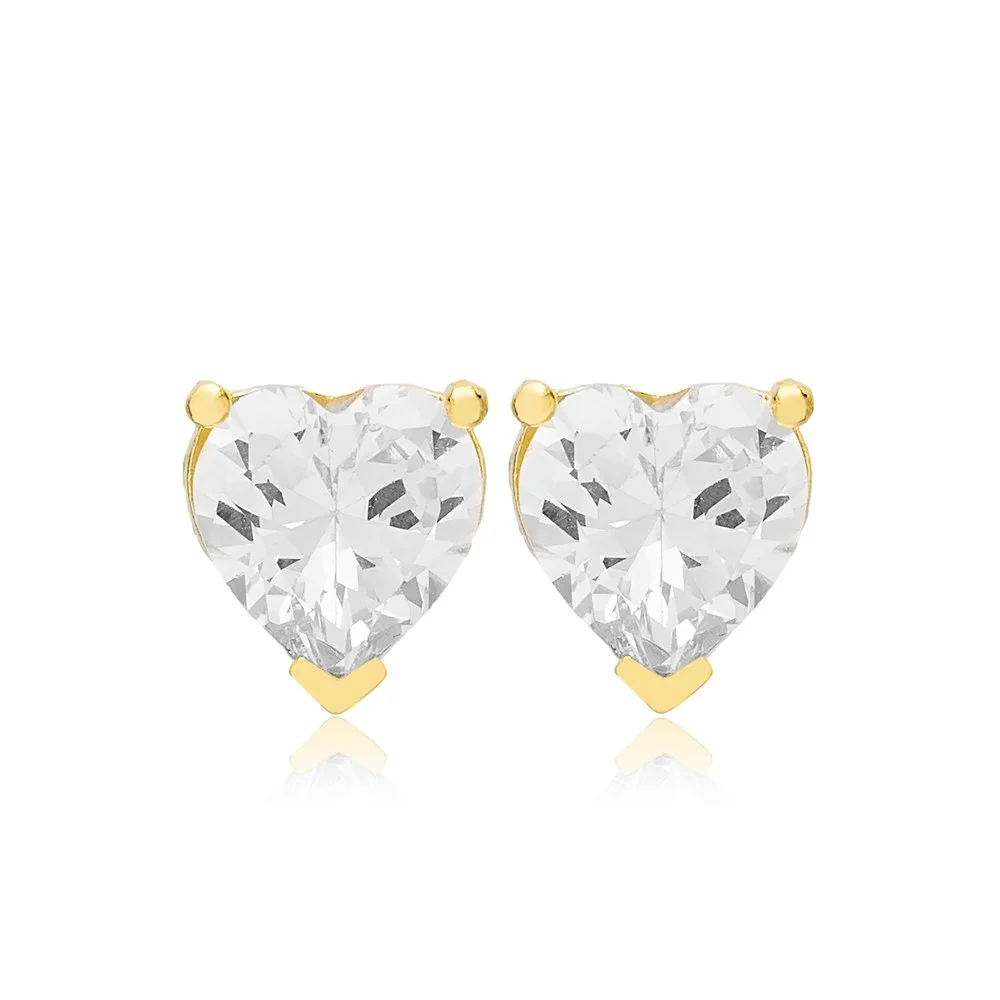 Clear Zircon Heart Shape Stud Earrings Turkish Handmade 925 Sterling Silver Jewelry