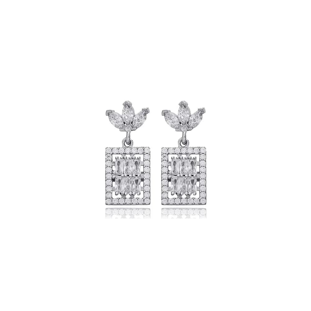 New Fashion Rectangle Geometric Design Zircon Stone Stud Earrings 925 Sterling Silver Jewelry