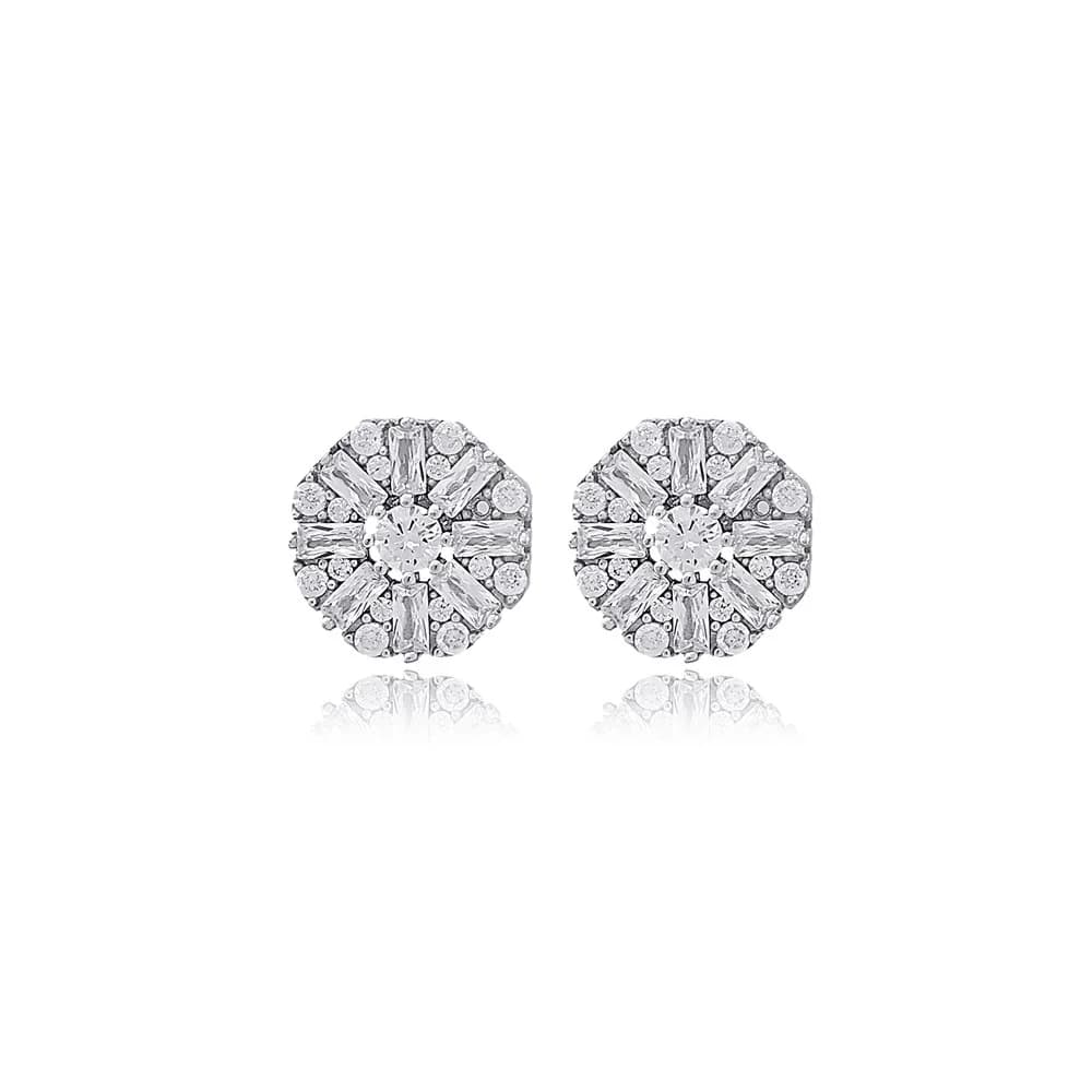 Round Cut Baguette Stone Stud Earrings Turkish Handmade Wholesale 925 Sterling Silver Jewelry