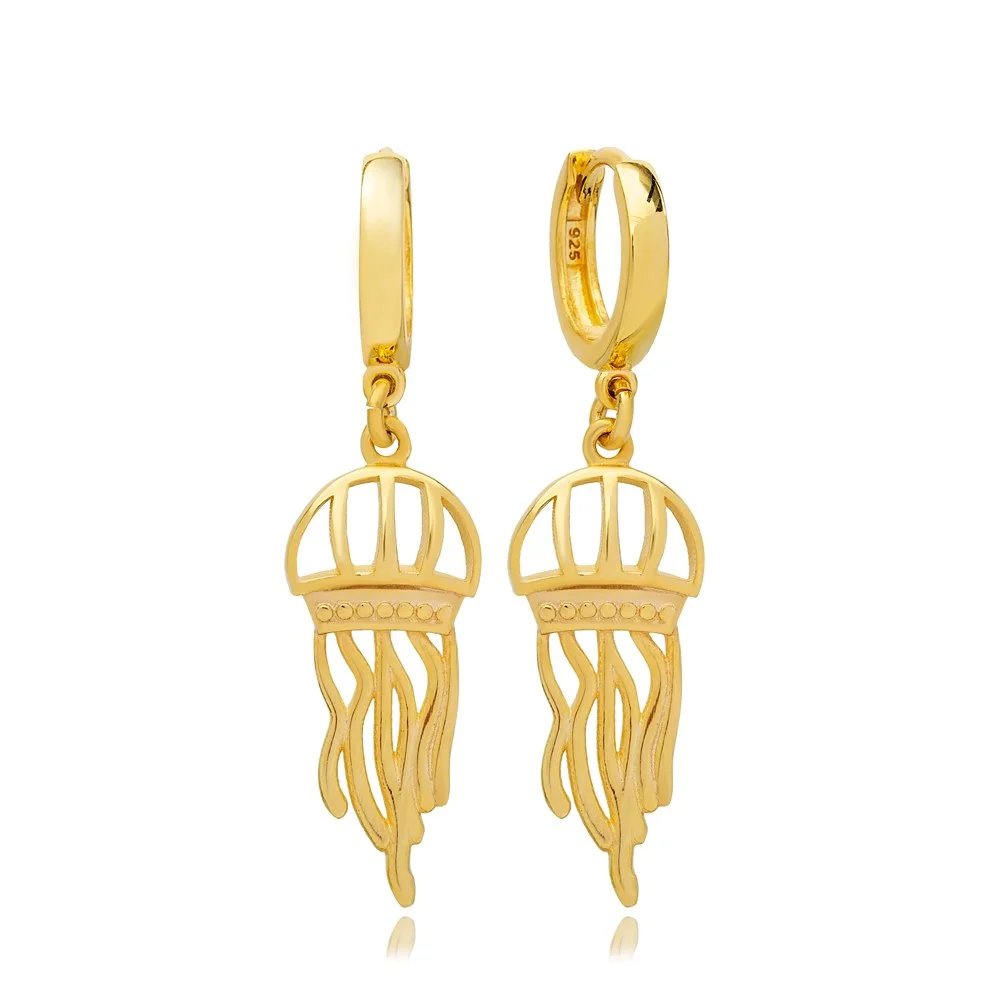 Plain Jellyfish Design Animal Trendy Dangle Earrings Turkish Handmade 925 Sterling Silver Jewelry