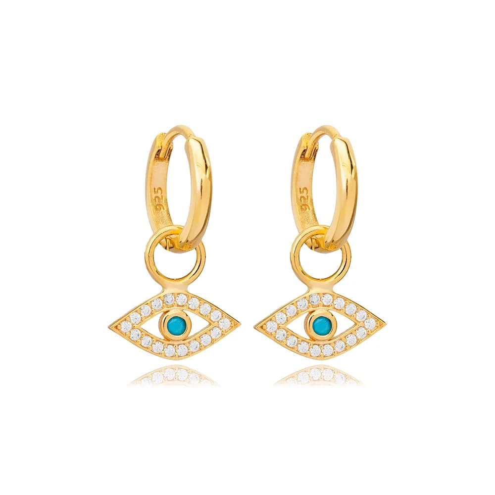 Eye Shape Eye Design Turquoise with Zircon Stone Dangle Earrings Turkish Handmade Wholesale 925 Sterling Silver Jewelry