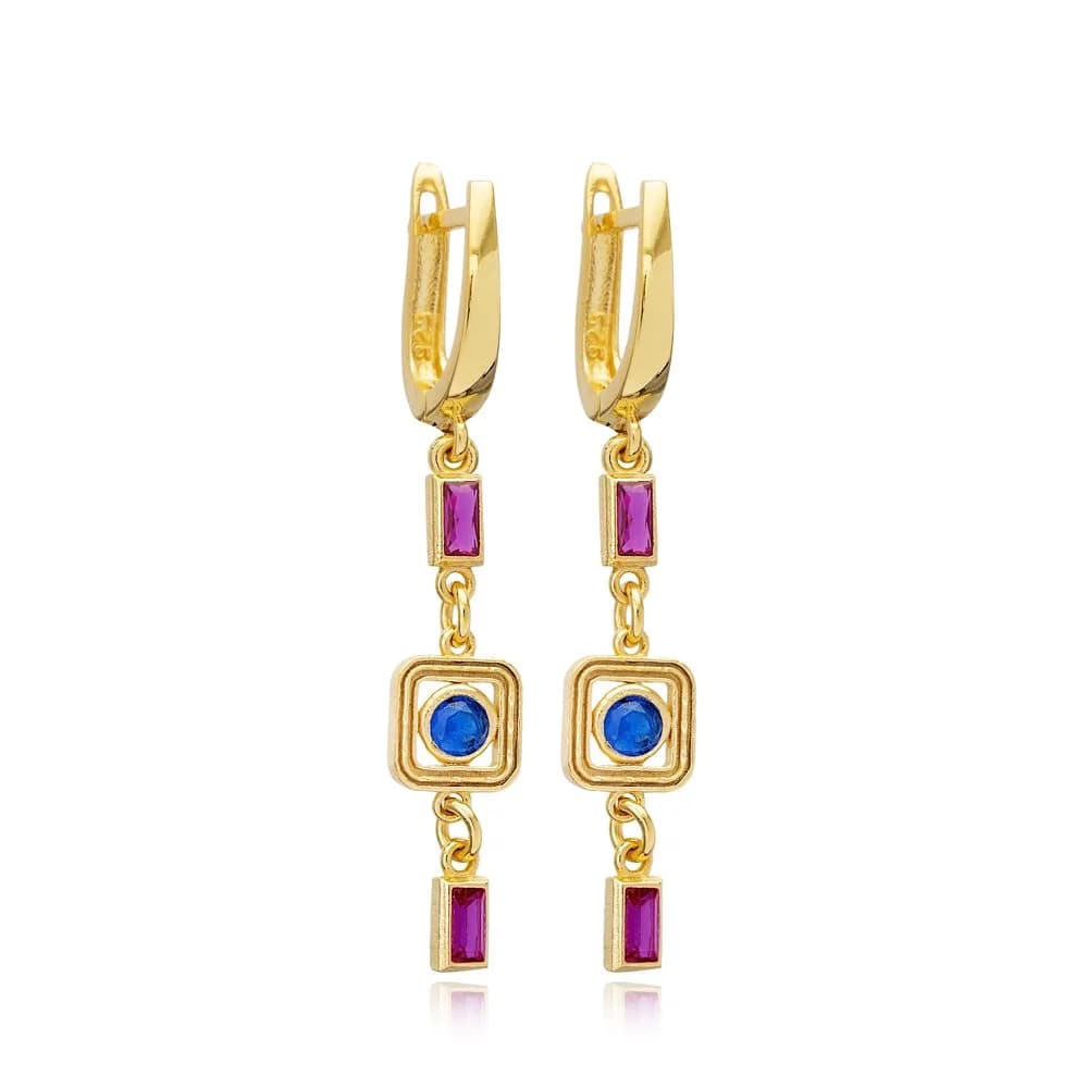 Ruby Sapphire CZ Square Silver Dangle Latch Back Earrings