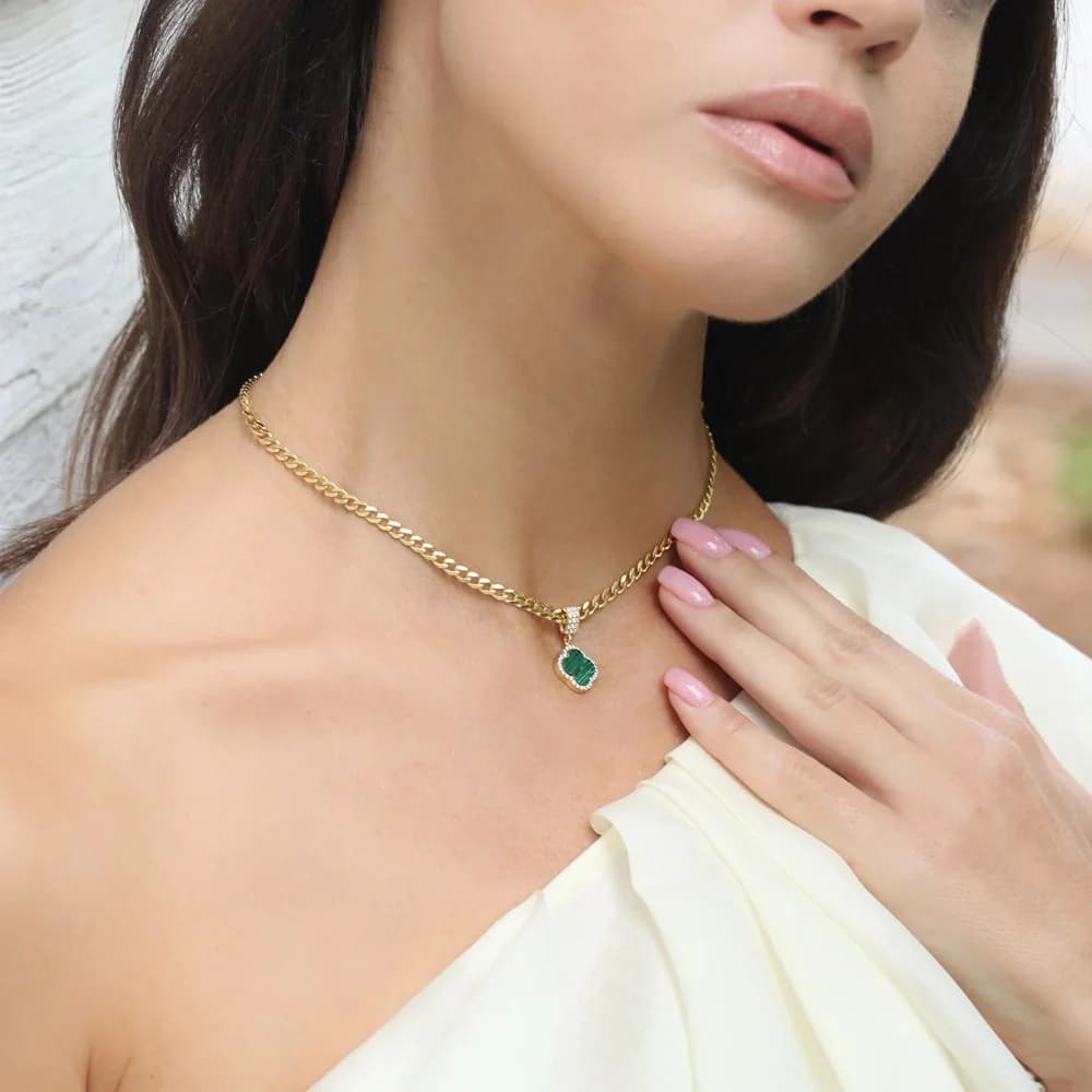 Clover Design Malachite Cz Stone 925 Sterling Silver Charm Necklace Jewelry Turkish Wholesale