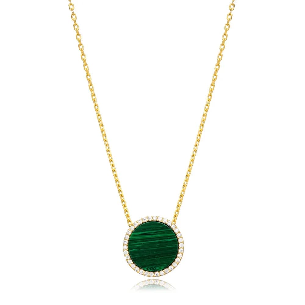 Ø15 mm Round Shape Malachite and CZ Stone 925 Sterling Silver Charm Necklace Handmade Jewelry Wholesale