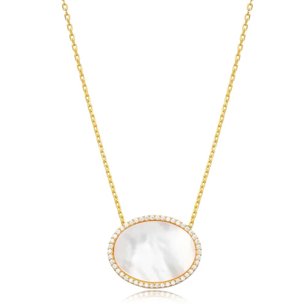 Mother of Pearl CZ Stone Oval Shape Turkish Jewelry Wholesale 925 Sterling Silver Charm Necklace