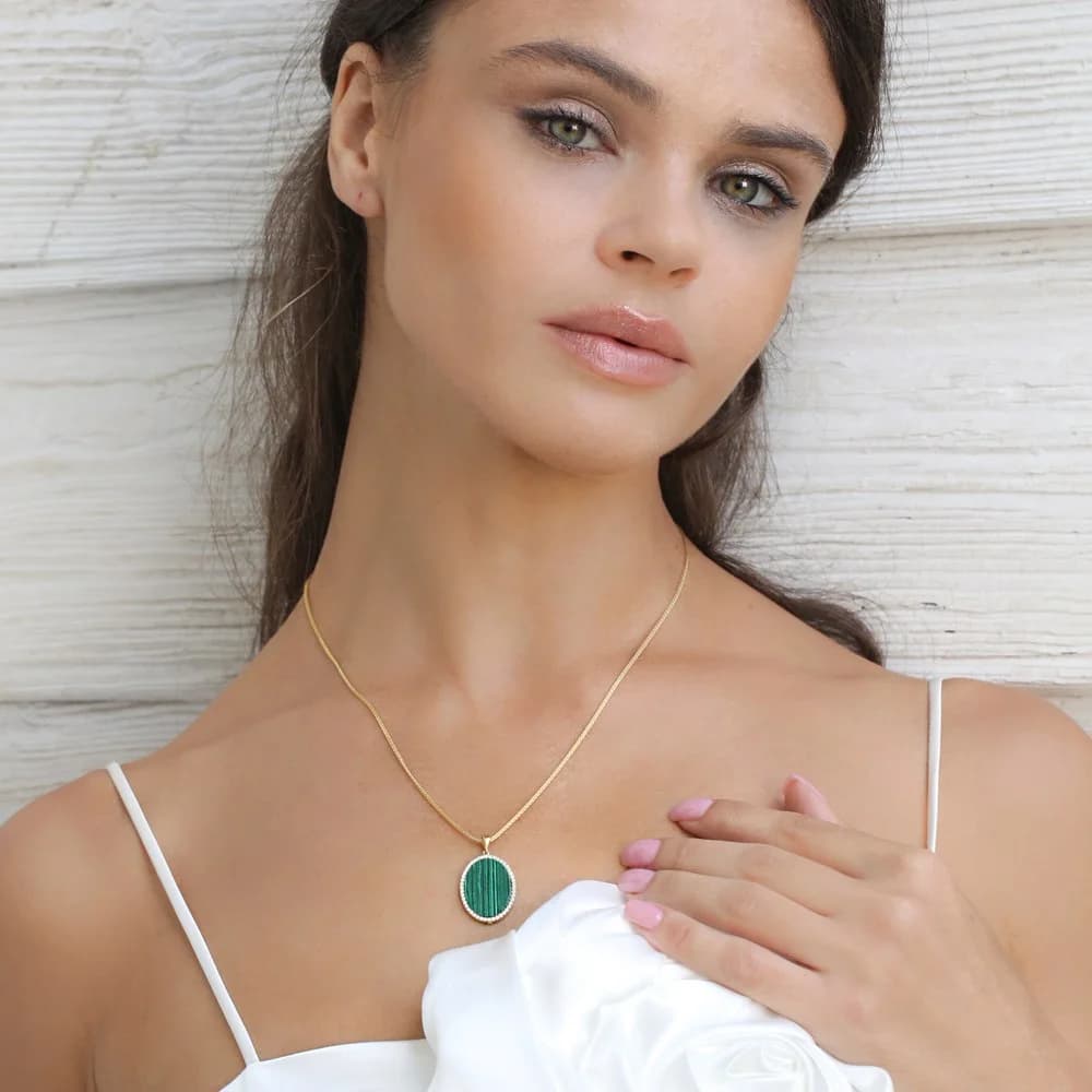 Malachite CZ Stone Oval Design Charm Necklace Turkish Handmade Jewelry Wholesale 925 Sterling Silver