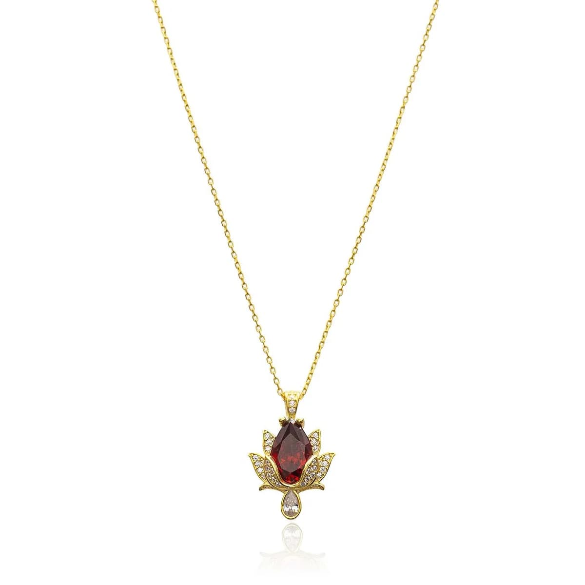 CZ Garnet Stone Lotus 925 Charm Necklace