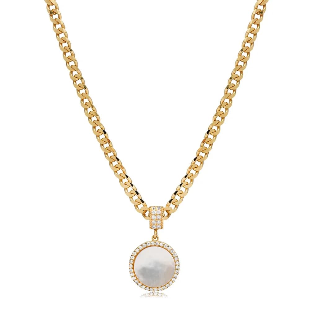 Round Design Mother of Pearl Stone Silver Charm Necklace