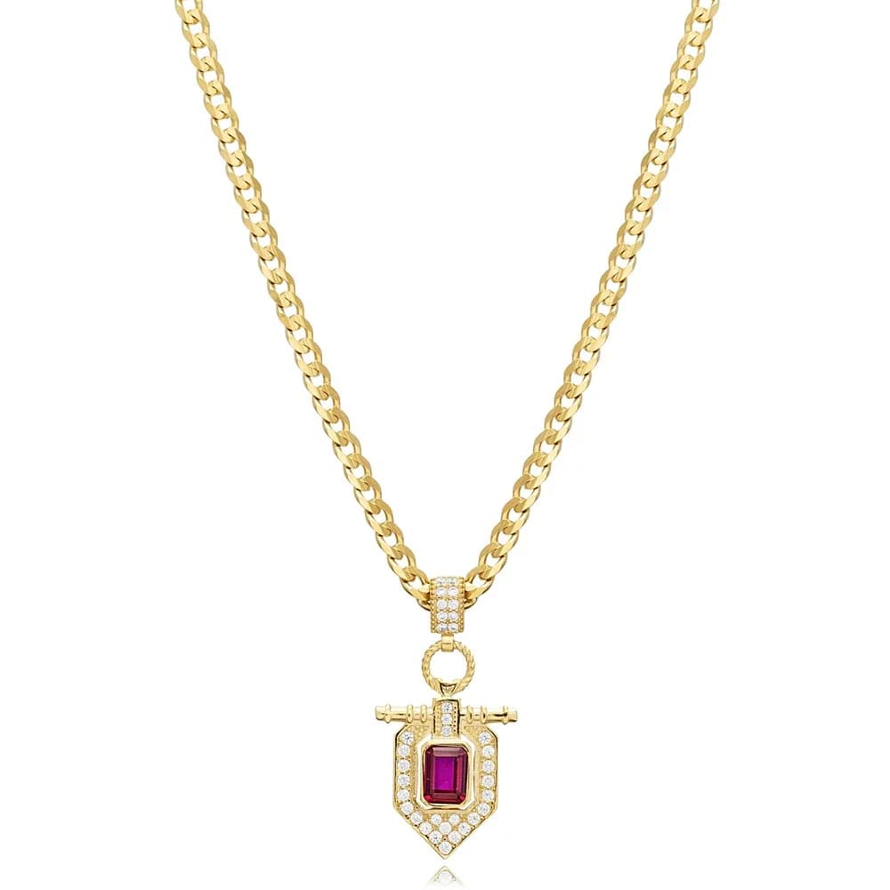 Ruby CZ Popular Design Gourmet Chain Silver Charm Necklace