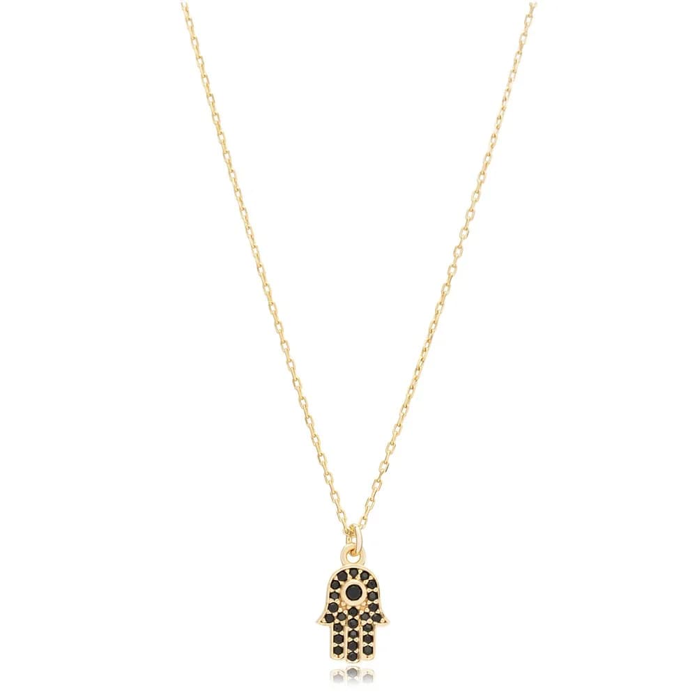 Black CZ Stone Hamsa Charm Silver Necklace