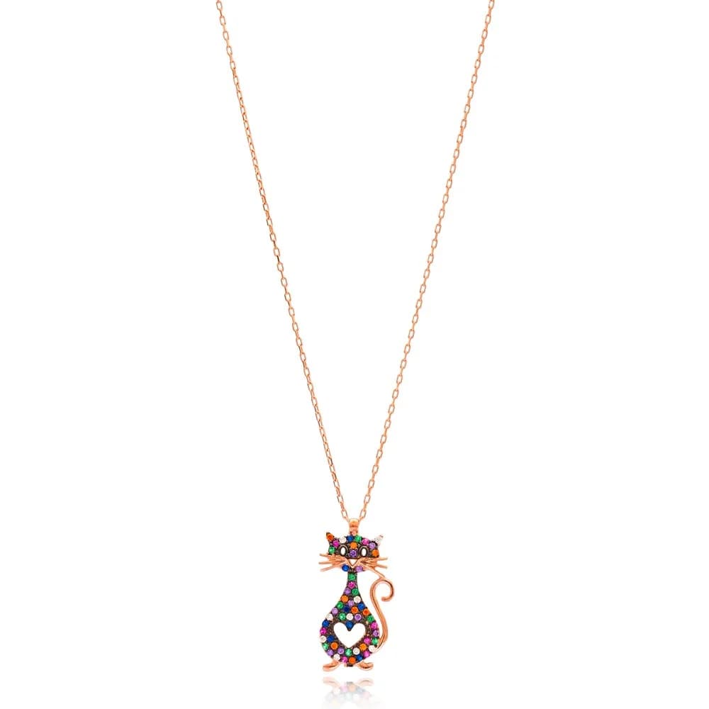 Colorful Cat And Heart Design Pendant Turkish Wholesale Handmade 925 Sterling Silver Jewellery