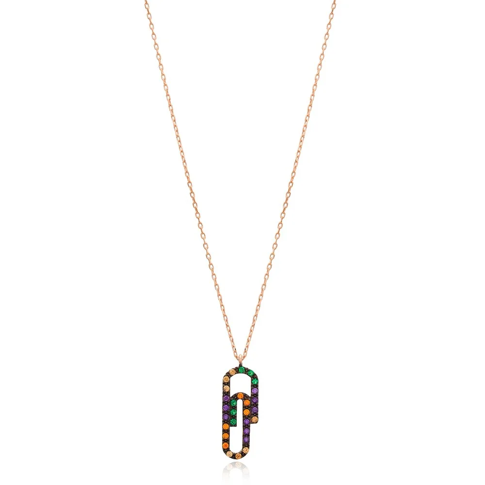 Paperclip Design Mix Stone Minimalist Pendant Wholesale Handmade 925 Silver Sterling Necklace