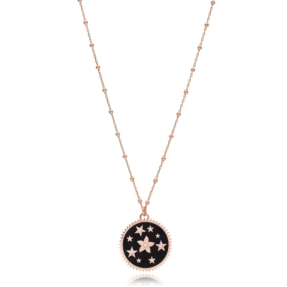 Rounded Star Design Black Enamel Necklace Turkish Wholesale 925 Sterling Silver Jewelry