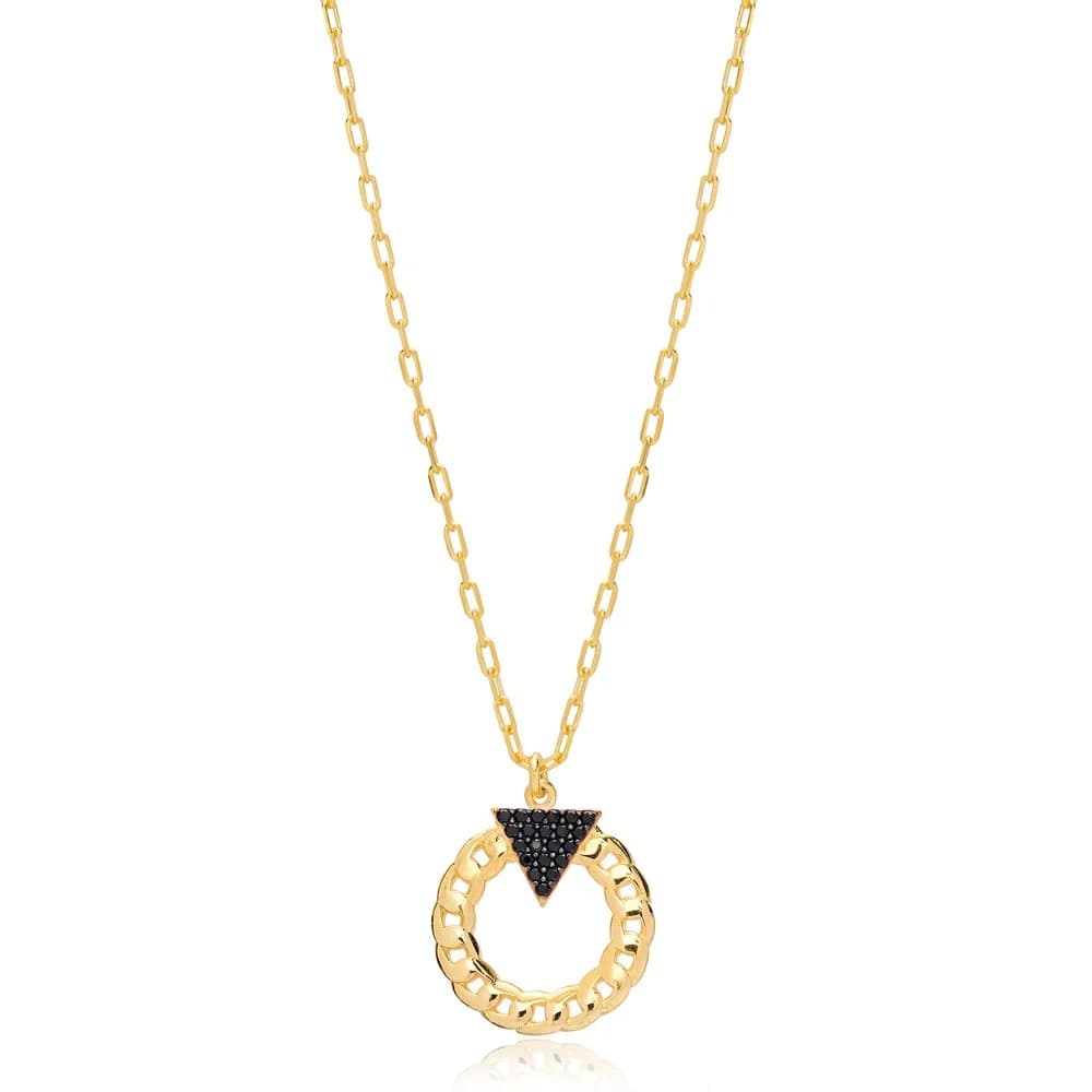 Black Zircon Triangle Link Chain Hollow Design Charm Pendant 925 Sterling Silver Jewelry