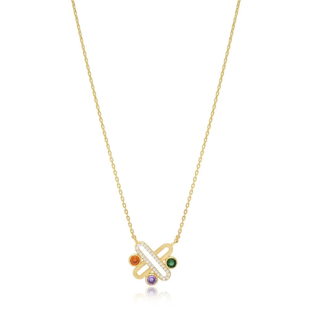 Rectangle Charm Chain Charm Colorful Necklace Turkish 925 Sterling Silver Jewelry