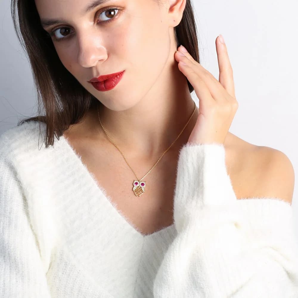 Chic Owl Charm Ruby and Zircon Stone Pendant Necklace Turkish 925 Sterling Silver Jewelry