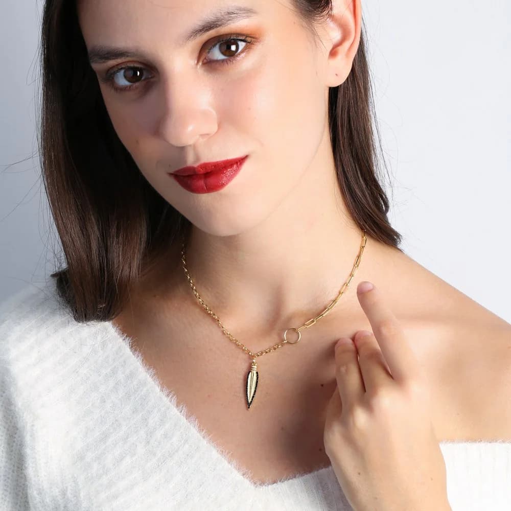 Unique Style Link and Oval Cable Chain Black Zircon Spear Pendant 925 Sterling Silver Jewelry