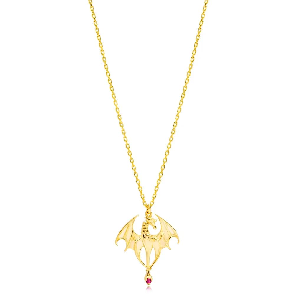 Trendy Dragon Ruby Stone Detailed Charm Necklace Handmade Turkish 925 Sterling Silver Jewelry
