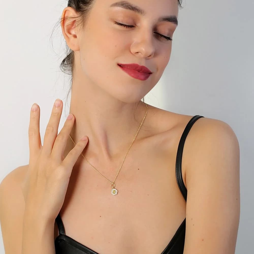 Elegant Citrine Stone Hexagon Hollow Chain Charm Necklace Wholesale Turkish 925 Sterling Silver Jewelry