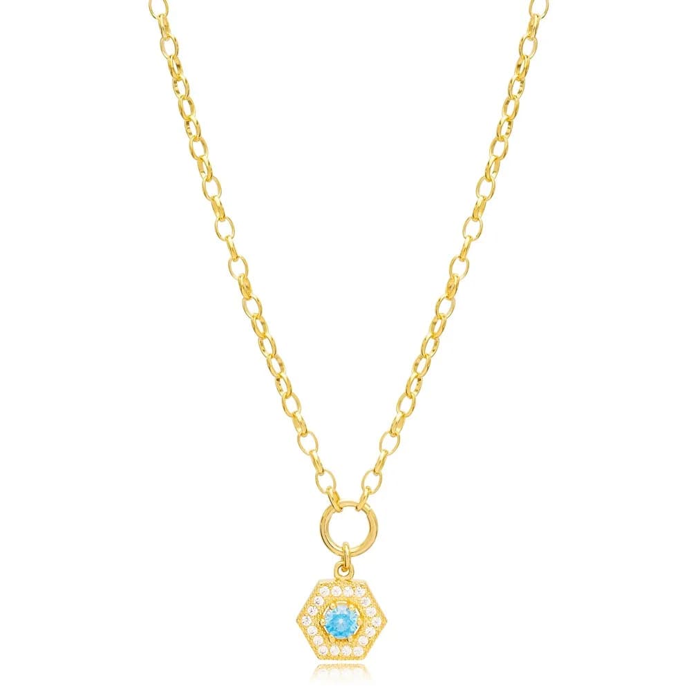 Aquamarine and Zircon Stone Rectagon Hollow Charm Necklace Handmade Wholesale 925 Sterling Silver For Ladies Jewelry