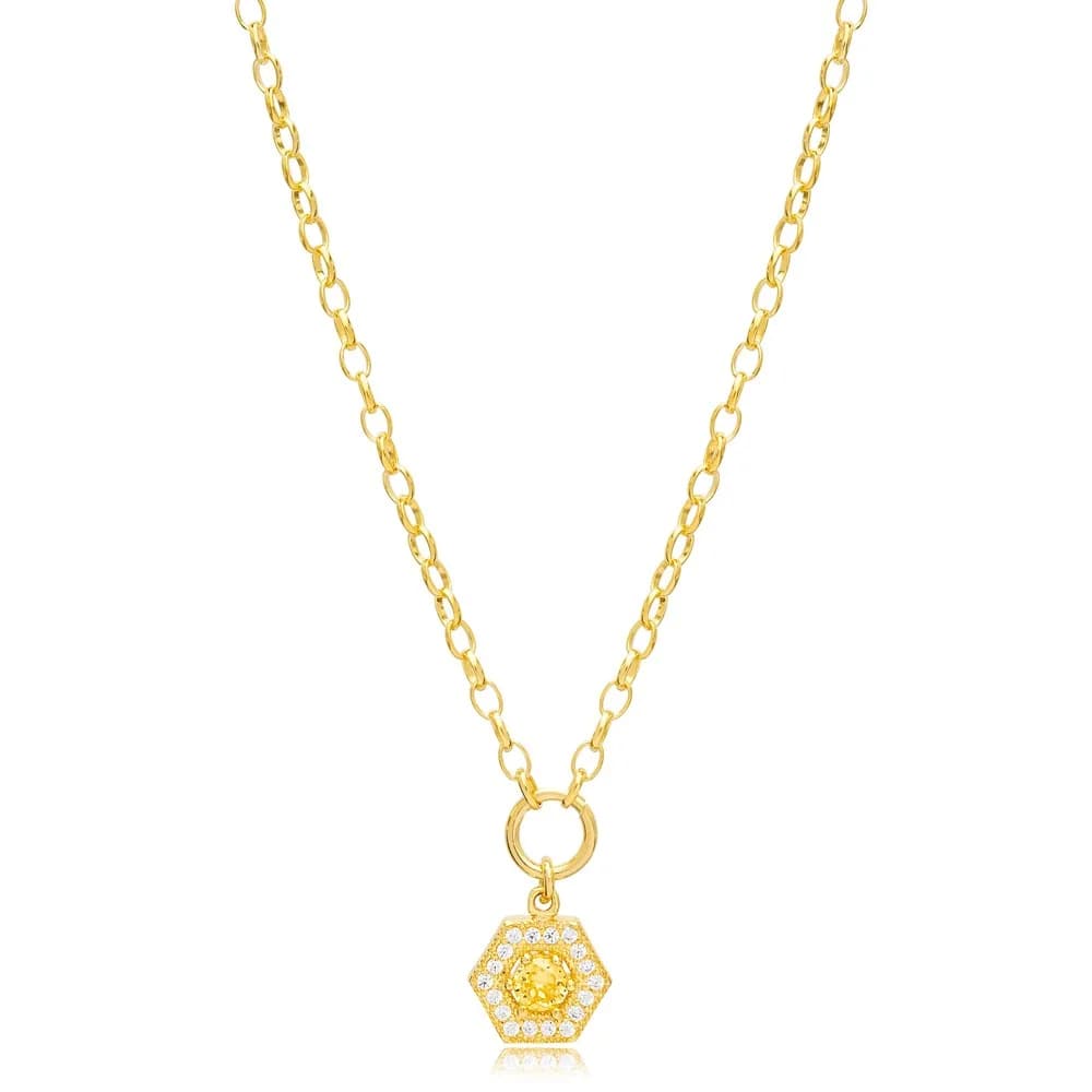 Citrine and Zircon Stone Rectagon Hollow Charm Necklace Handmade Wholesale 925 Sterling Silver For Ladies Jewelry