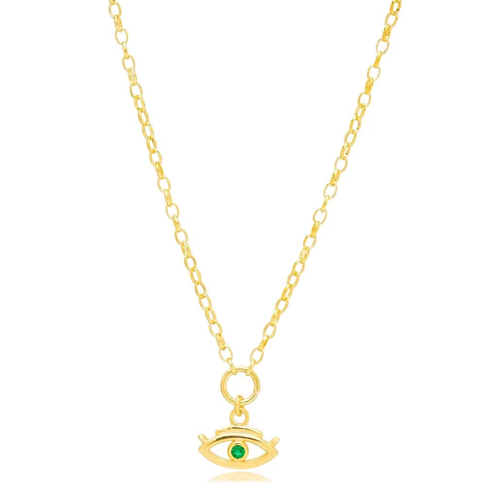 Emerald Stone Evil Eye Shape Hollow Link Chain Charm Necklace Handmade Wholesale 925 Sterling Silver Jewelry