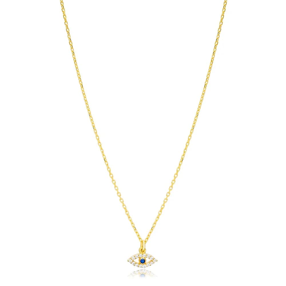 Trendy Minimalist Stony Evil Eye Shape Handmade Turkish 925 Sterling Silver Charm Necklace