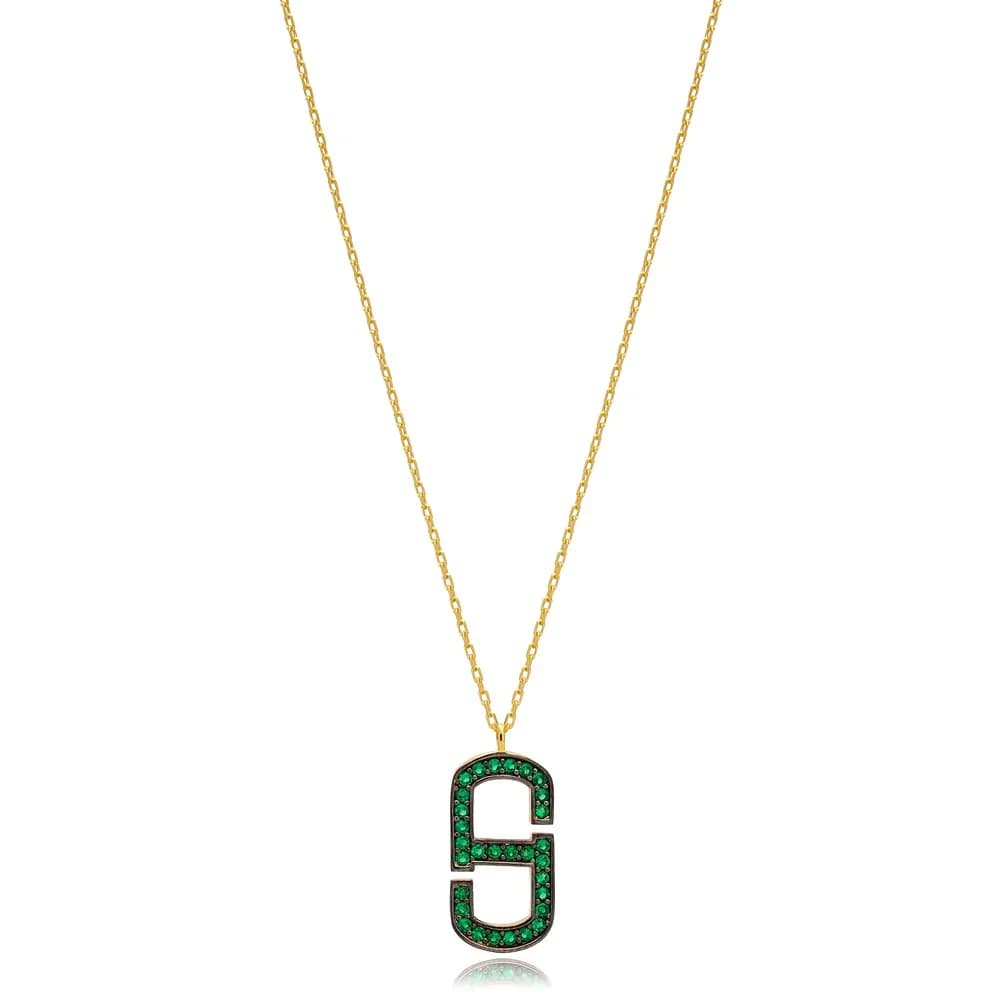 Emerald Zircon Geometric Design Charm Pendant Necklace Wholesale Turkish 925 Sterling Silver