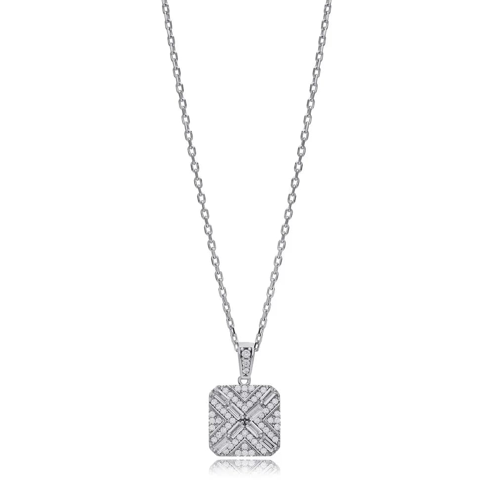 Geometric Square Design Clear Zircon Stone Charm Necklace 925 Sterling Silver Jewelry