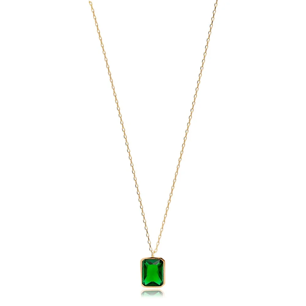 Square Shape Emerald Stone Minimalist Design Charm Necklace Turkish Handmade Wholesale 925 Silver Sterling Jewelry