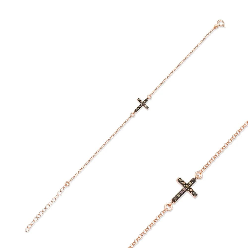 Minimalist Black CZ Cross Design Silver Charm Bracelet