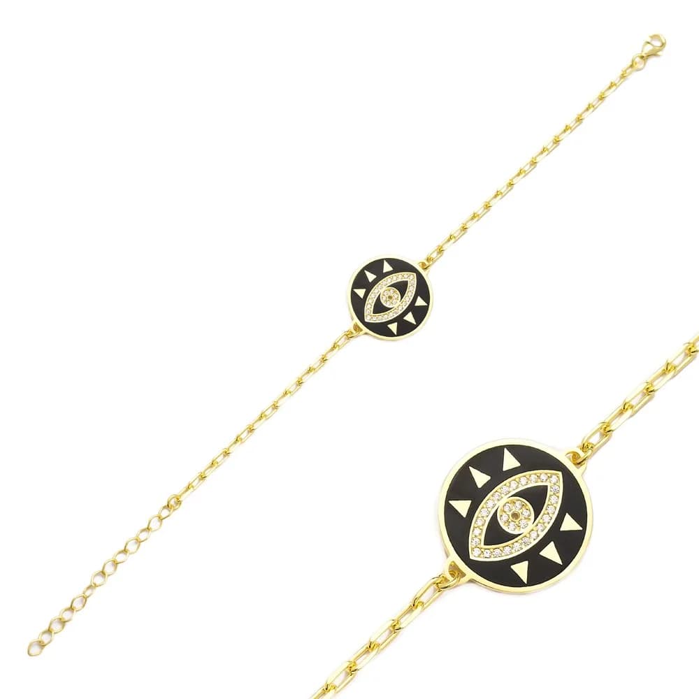 Black Enamel Evil Eye Zircon Stone Bracelet Wholesale 925 Sterling Silver Jewelry
