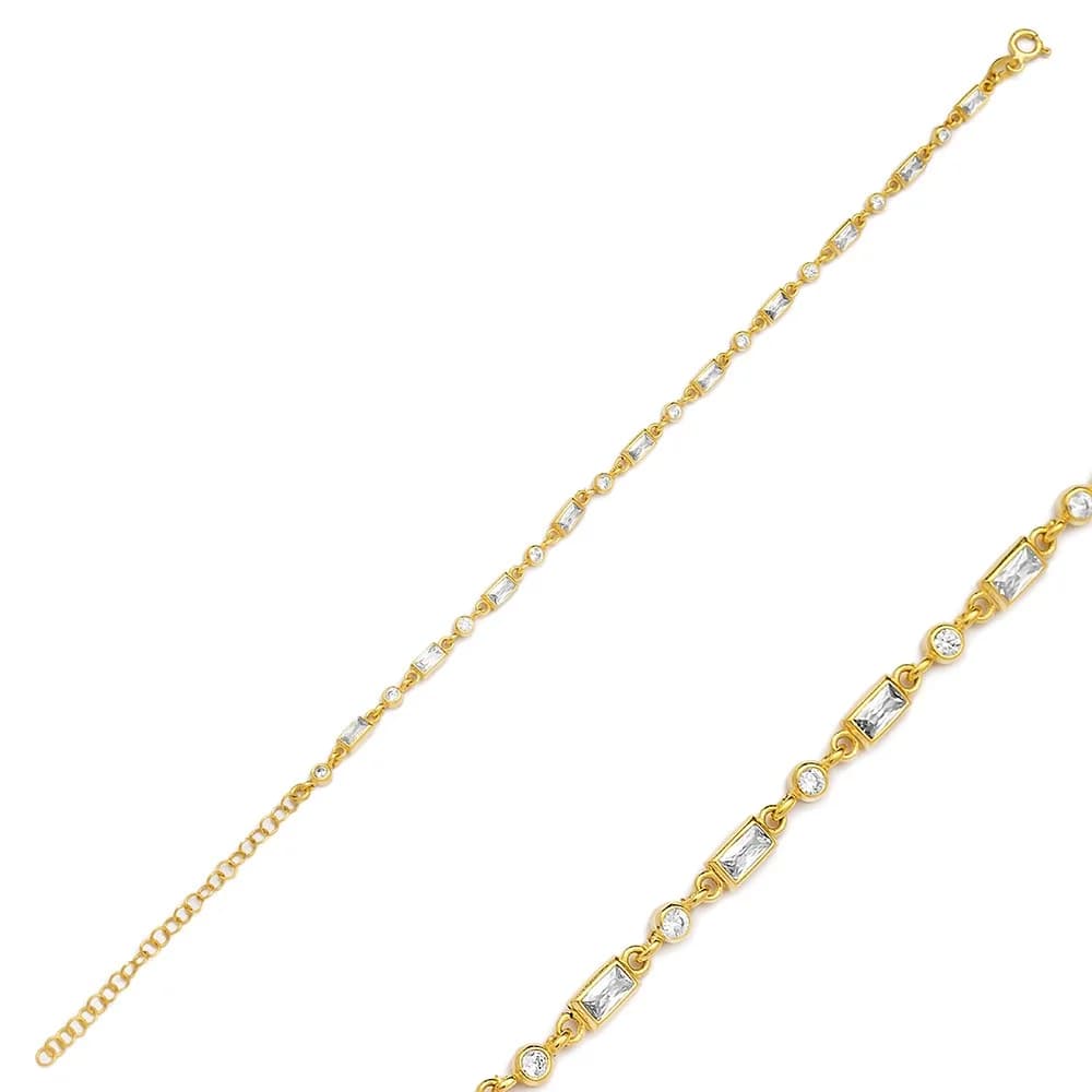 Elegant Baguette CZ Stone Handmade Silver Charm Bracelet