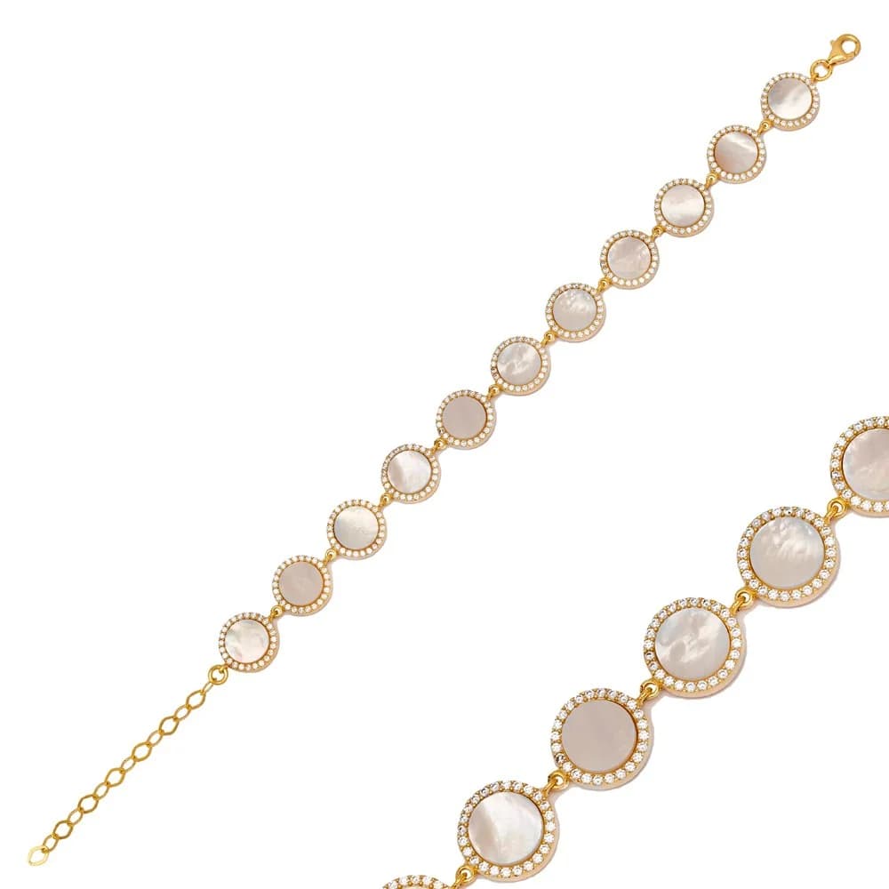 Round Design Mother of Pearl CZ Stone Turkish Handmade Jewelry Wholesale 925 Sterling Silver Bracelet