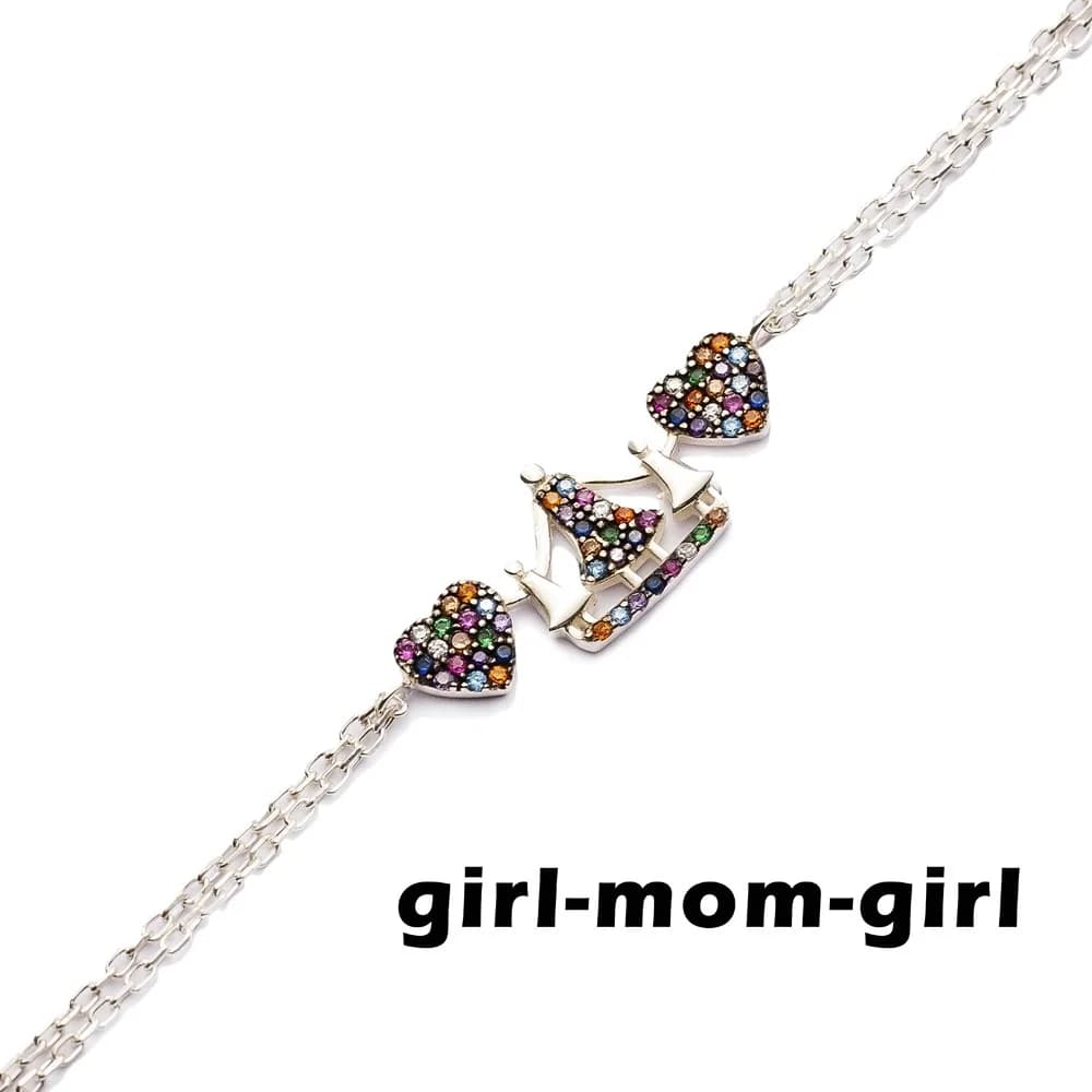 Mother and Two Girl Mix Stone Silver Bracelet